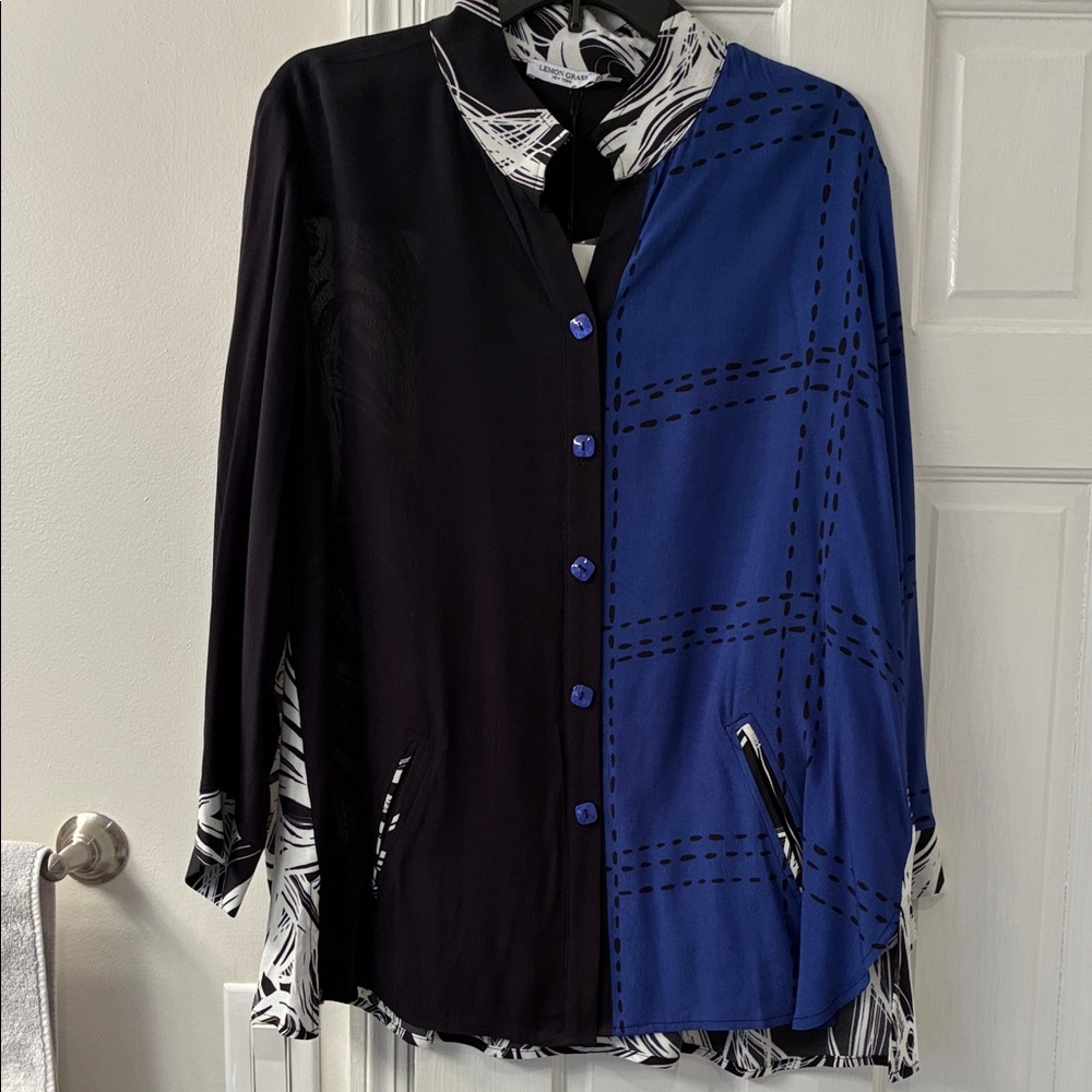 Black and Blue Button-Up Blouse
